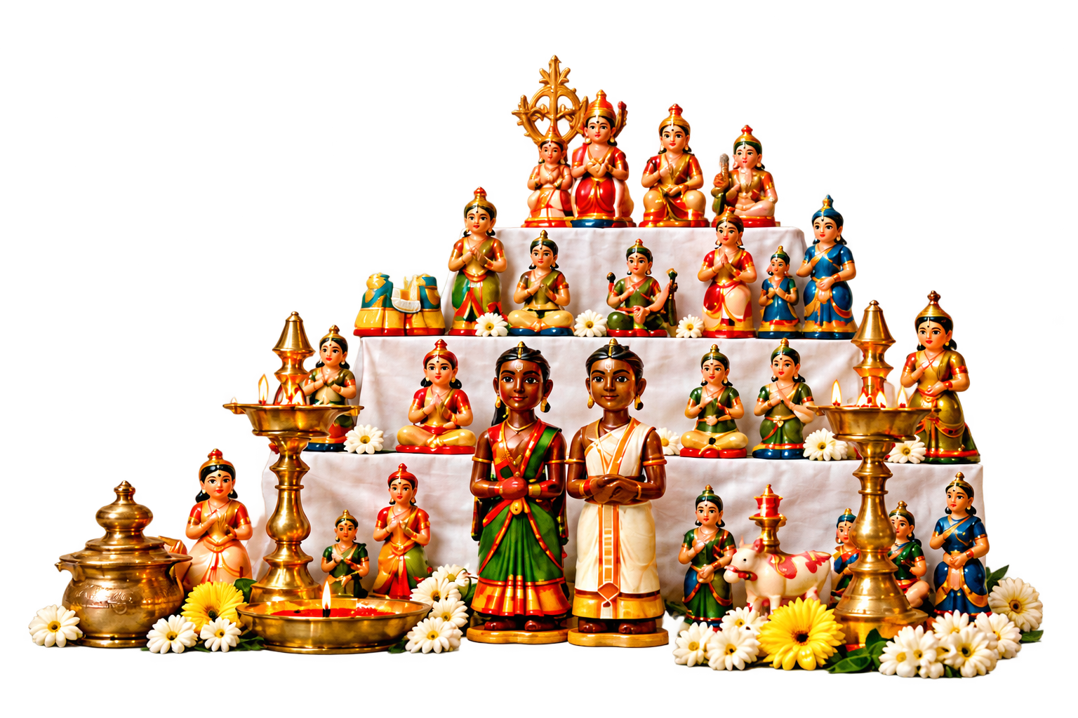 Traditional Navratri Golu display with marapachi dolls, brass lamps and flowers